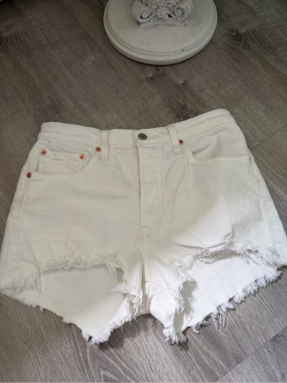 Levi's White Distressed High-Rise Denim Shorts